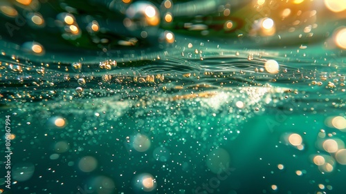 Bubbles and bokeh under sea water. Sea water is green in color.