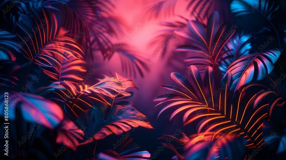 A dark background with silhouettes of tropical leaves highlighted by neon lights. A dark background with silhouettes of tropical leaves highlighted by neon lights.