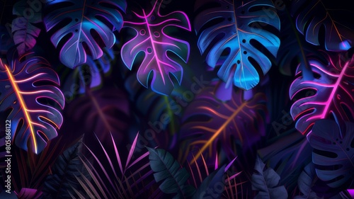 Silhouettes of tropical leaves illuminated by neon lights on a dark background.