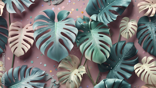 3D objects, monstera leaves, iridescent, textures, polka dots, iridescent, pastel colors, ikebana, furry texture,