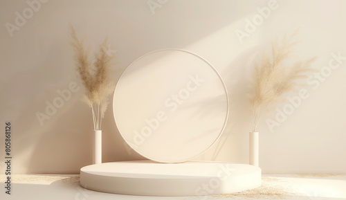 A white pedestal with a round base and a white vase on top. The pedestal is empty and surrounded by two tall, thin vases. The scene is set in a room with a white wall and a window photo