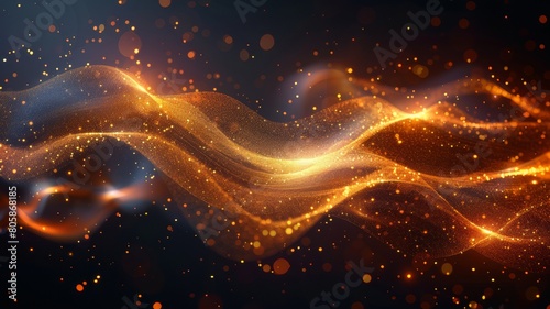 Golden wavy flow of particles/substances on a black background. Golden glitter. Golden glow. Abstract Bokeh.