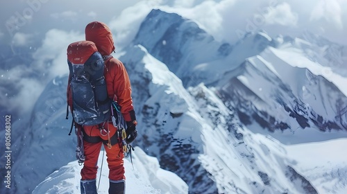 Julian Alps, Triglav National Park, Three hikers carrying backpacks moving up on snow covered mountain, mountain peaks in background. 