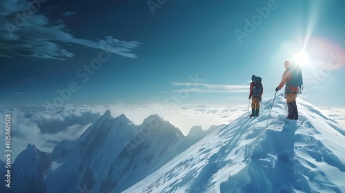 Julian Alps, Triglav National Park, Three hikers carrying backpacks moving up on snow covered mountain, mountain peaks in background. 