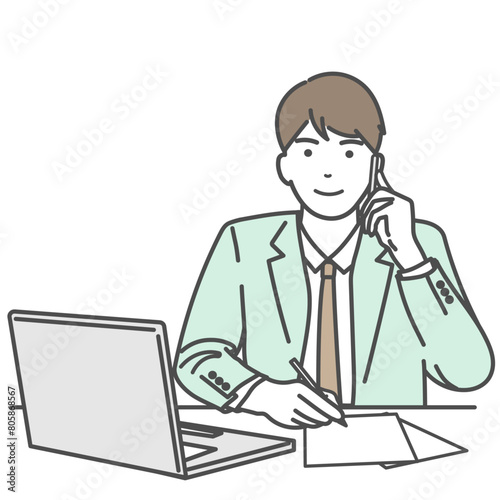 メモを取り電話対応するビジネスマンのイラスト　ベクター、白バック、白背景、背景なし、コピースペース