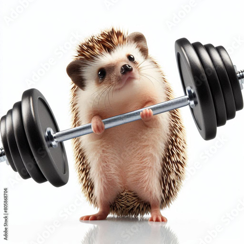 Hedgehog holding a barbell on a white background, generated using AI. © igor