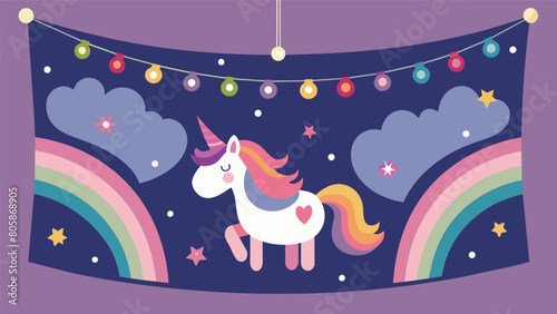 On the wall hangs a tapestry featuring a whimsical scene of unicorns and rainbows tied in with strings of fairy lights..