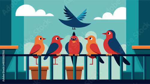 A set of miniature bird figurines p strategically on a balcony inspiring real birds to come and investigate..