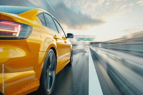 Yellow business car speeding in turn on busy high-speed highway in urban city environment photo