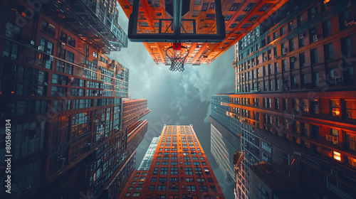 A basketball hoop surrounded by NYC skyscrapers photo