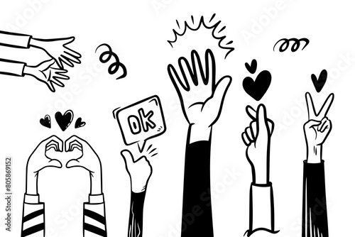 doodle hands up,Hands clapping. applause gestures. congratulation business. vector illustration
