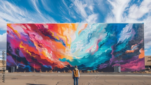 Mural artist gazes at a vibrant, largescale wall painting under a cloudy sky photo