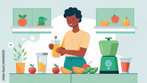 A person stands at the kitchen counter blending a colorful smoothie filled with fresh fruits and vegetables for a nourishing breakfast..