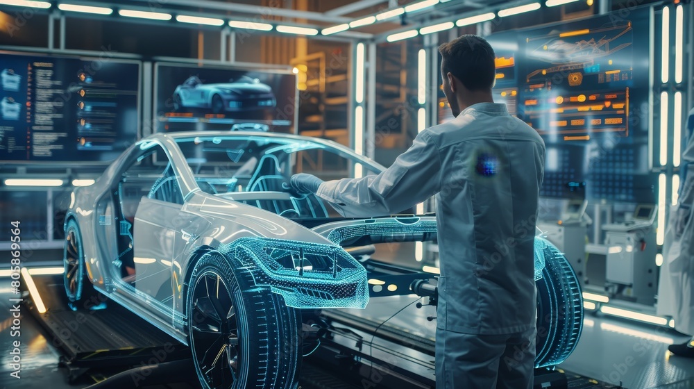 Automotive engineer using advanced technology at futuristic assembly line for car manufacturing Automotive engineer using advanced technology at futuristic assembly line for car manufacturing