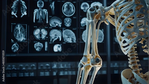 An orthopaedic medical technology picture featuring a man running alongside an x-ray of his skeleton