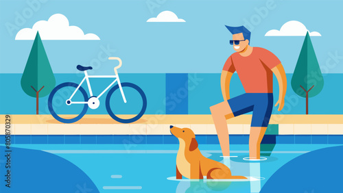 A man and his dog take a break from their bike ride to do some laps in the pool with the pooch eagerly paddling alongside him.. Vector illustration
