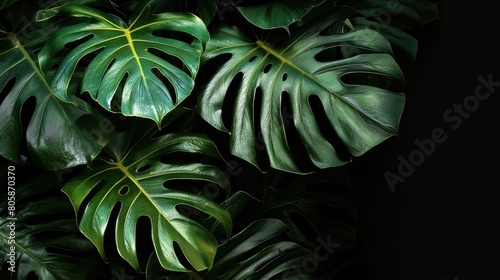 Green leaves plant growing in the wild, tropical forest plant, green vine on black background AI generated