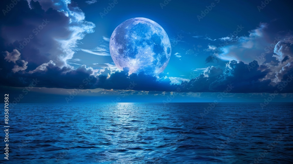 Fototapeta premium Full moon rising over peaceful sea, night sky with big blue moon illuminating clouds and ocean