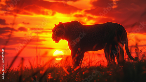 A black panther silhouetted against a vibrant sunset,