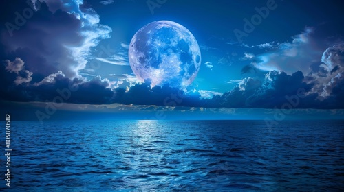 Full moon rising over peaceful sea, night sky with big blue moon illuminating clouds and ocean