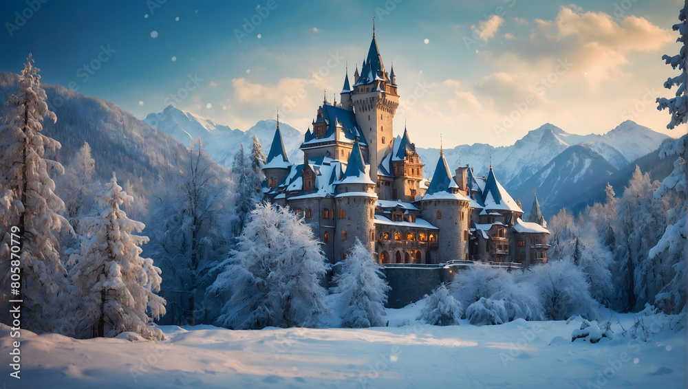 Enchanted Winter Retreat, A Majestic Castle Nestled in a Snowy Wonderland, Surrounded by a Fantasy Landscape of Winter Forests and Mountain Peaks