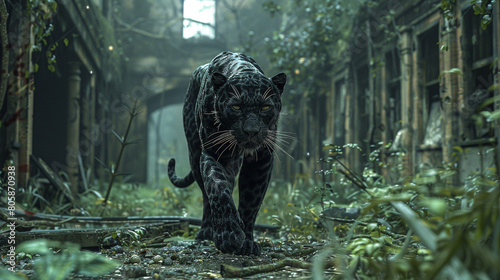 A black panther walking through a haunting, abandoned, and overgrown city photo