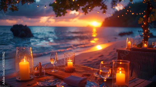 Seaside Serenade  Intimate Candlelit Dinner on the Beach  Soft Lighting and Gentle Waves Creating a Romantic Atmosphere