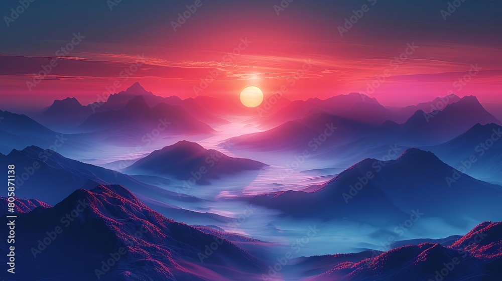 Misty Mountain Mornings: Tranquil Sunrise Paints Soft Pastel Hues Across the Sky, Creating a Serene Landscape View