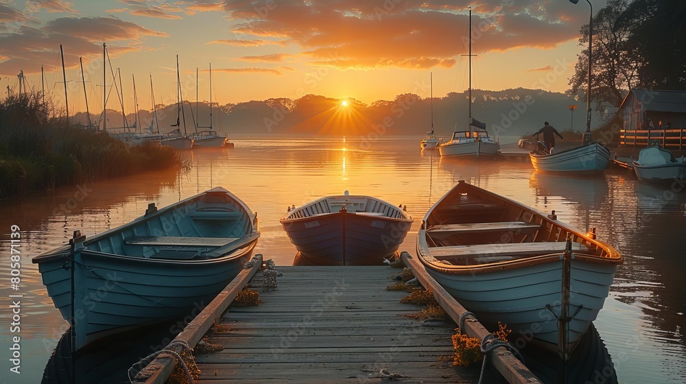 Tranquil morning at a seaside marina, boats gently bobbing in the calm water, early risers walking along the docks
