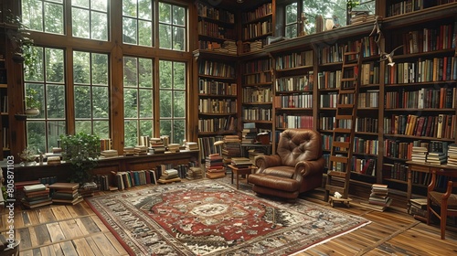 Sophisticated home library, walls of books in a warm, well-lit room, inviting nook with a leather armchair