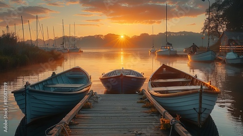 Tranquil morning at a seaside marina, boats gently bobbing in the calm water, early risers walking along the docks photo
