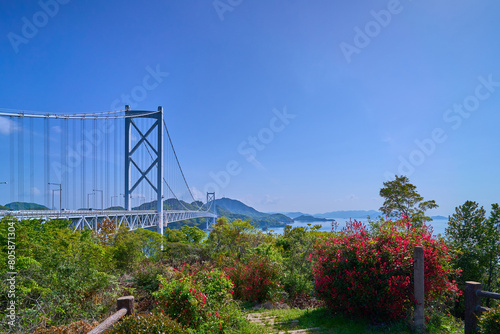 広島県尾道市のしまなみ海道の大浜PA展望台から因島大橋方面を見る