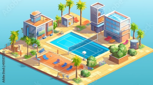 Isometric 3D Cityscape with a Vibrant Volleyball Court in the Recreational Area.