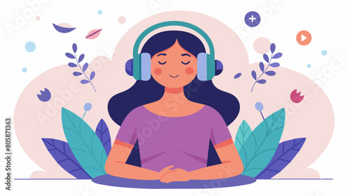 A woman wearing a headset energetically hosting a podcast episode all about the benefits of meditation and mindfulness for overall physical and mental. Vector illustration