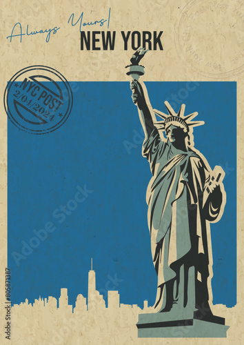 Statue of Liberty Postcard Retro Style Illustration. New York City Showplace. Cityscape Panorama, Statue, Aged Paper Texture Pattern