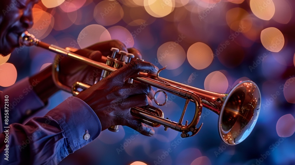 Fototapeta premium Closeup of a jazz musician playing the trumpet with vibrant bokeh lights