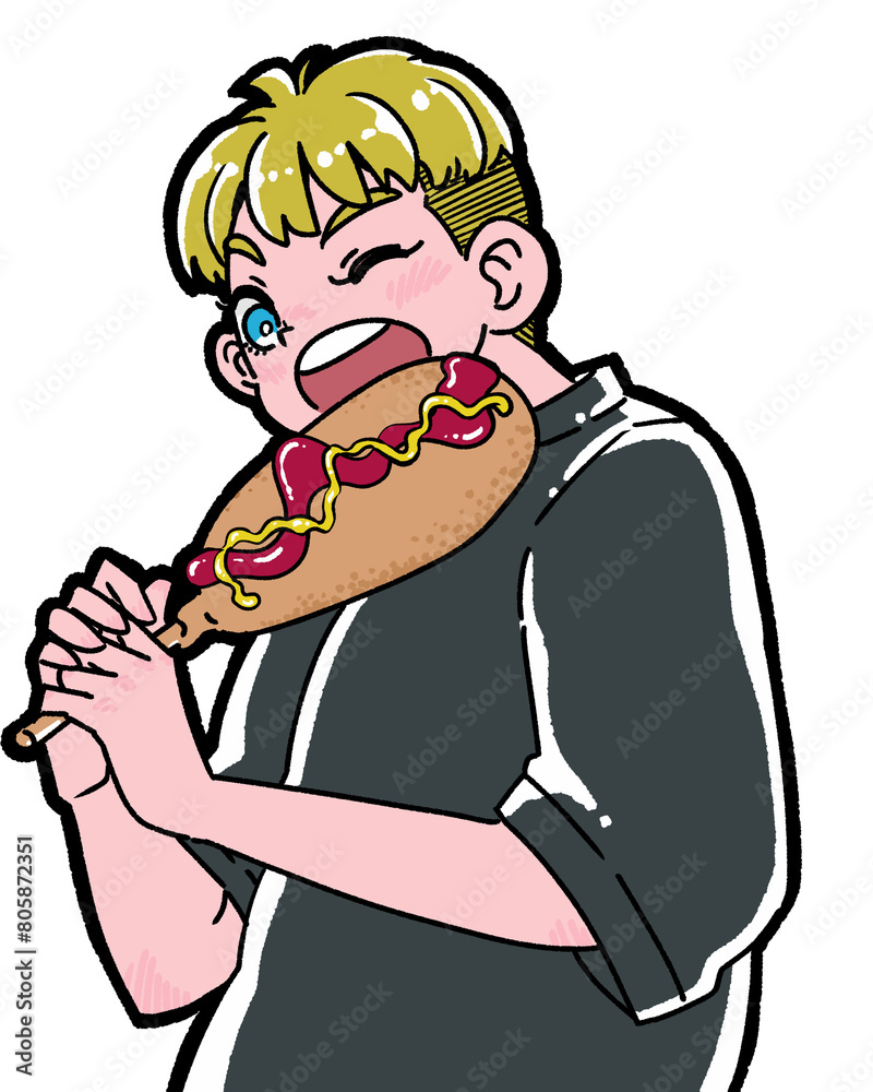 アメリカンドッグを食べる男の子 アメリカンドッグを食べる男の子