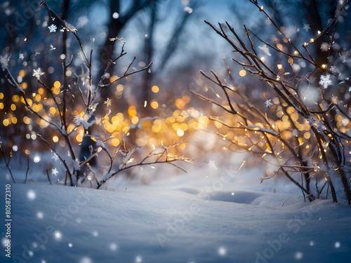 Enchanted Winter, Christmas Lights Adorn a Snowy Landscape, Forming an Abstract Background with Glowing Bokeh Lights and Snowflakes. © xKas