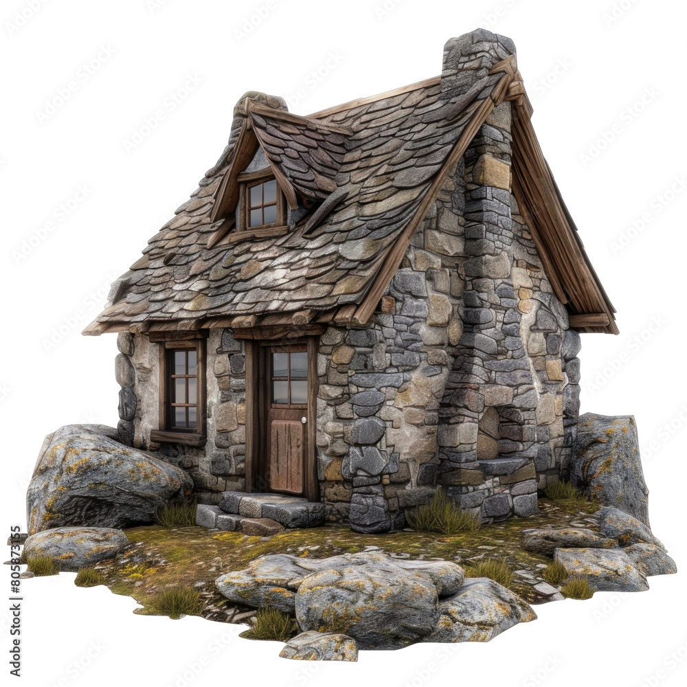 Cabin made of stone, transparent or isolated on a white background, rendering