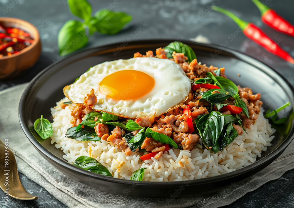 Thai food - Spicy stir fried minced pork with basil and fried egg on white rice. Thai food - Spicy stir fried minced pork with basil and fried egg on white rice.