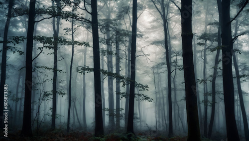 Enigmatic Forest Canopy  Dense Woodland Veiled in Ethereal Fog  Enshrouding Trees in Mystery.