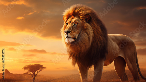 A regal lion on an African savannah at sunrise  powerful and majestic  suitable for luxury branding