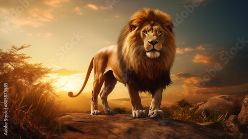 A regal lion on an African savannah at sunrise  powerful and majestic  suitable for luxury branding