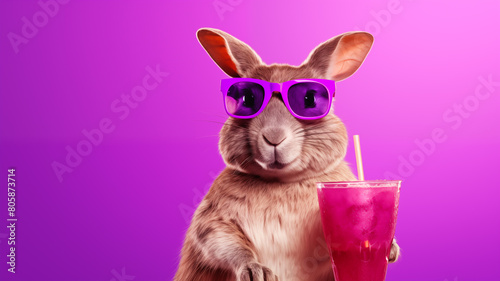 Creative animal concept, a rabbit dressed in summer beachwear, holding a coconut drink, isolated on a bright violet background, great for vibrant advertisements and birthday invite photo