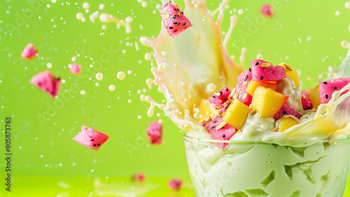 Exotic dragon fruit and mango pieces splashing into creamy yogurt, dynamic droplets on a neon green background, copy space