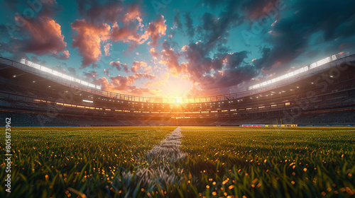 A cricket stadium at sunset with the lights turning on photo