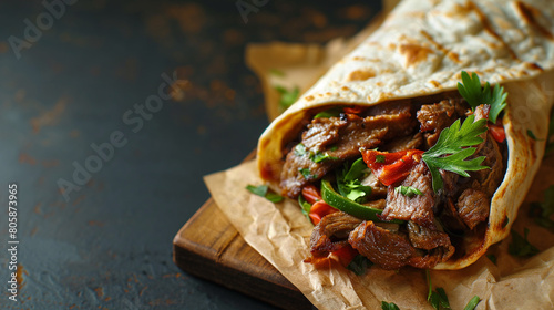 fresh grilled donner or shawarma beef wrap roll photo