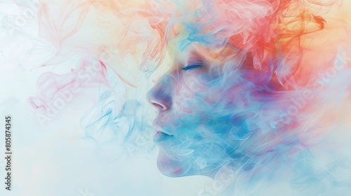 Portrait of abstract woman face decorated with colorful smoke or cloud and watercolor style. Close up of attractive female staring for far way with beautiful lip represent famine and gentle. AIG42. photo