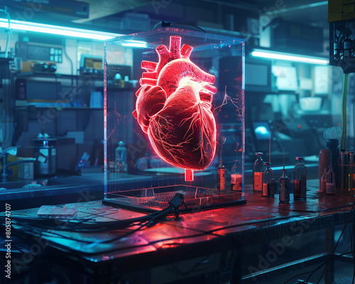 Biofabricated heart in a petri dish, soft blue and pink lighting, high angle, macro shot photo