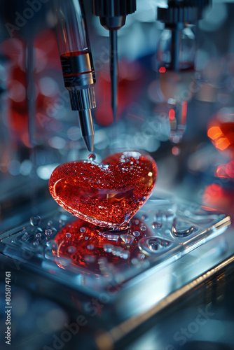 Heart being biofabricated layer by layer, vibrant reds, sterile white lab background, wide angle photo